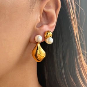 Vintage golden water drop earrings set with elegant white pearls for women