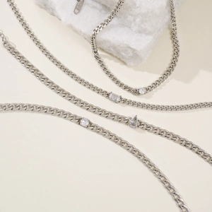 Silver stainless steel curb chain jewelry set featuring water drop and emerald cut zircons