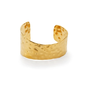 Wide 18k gold plated stainless steel cuff bracelet with hammered texture and punk lava style