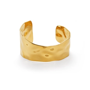 Minimalist 18k gold plated stainless steel open cuff with irregular lava ripple texture