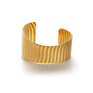 18k gold plated stainless steel punk style wide open cuff bracelet with lava stripe texture
