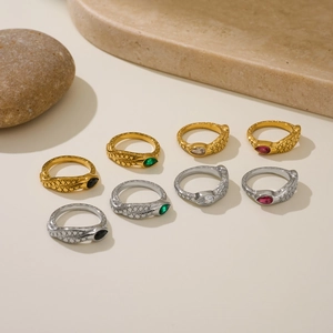 Snake-shaped 18k gold plated titanium steel rings with colorful pear-cut zircons