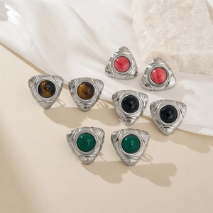 Minimalist triangle stone stud earrings set in silver finish with colorful agate inserts