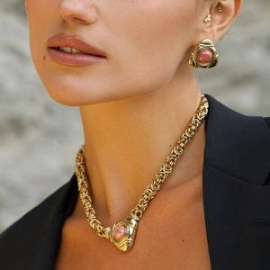 Vintage 18K Gold Plated Stainless Steel Geometric Triangle Pendant Necklace And Earrings Set With Zirconia For Women