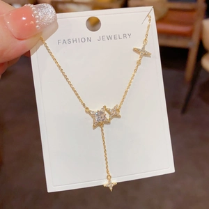 Fashion Zirconia Starburst Tassel Y Shaped Pendant Necklace For Women Elegant Copper 14K Gold Plated Star Charm Jewelry Gift