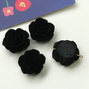 Handmade black flocked rose acrylic charms with dual gold metal loops for jewelry making