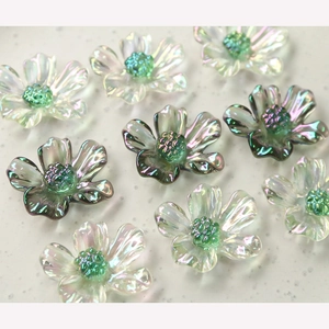 Macro view of translucent AB iridescent resin daisy petals with textured details