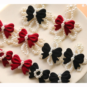 Elegant pearl bead rings with velvet bows in black and red for DIY jewelry and crafts
