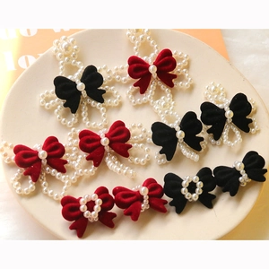 Velvet bow and pearl flower charms for DIY jewelry making in red and black colors