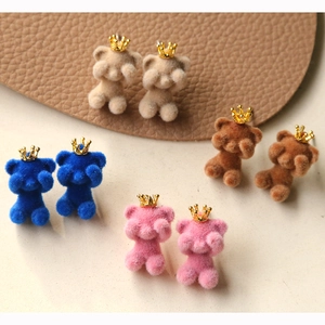 Plush flocking crown bear DIY earring charms in beige, brown, blue and pink colors