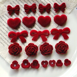 Red Flocked Acrylic Bow Heart Rose Flower DIY Jewelry Accessories For Earrings Phone Case Hair Decor Crafting Charms