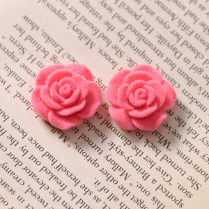 Pink flocked rose flower acrylic accessory for DIY earrings on vintage book page background