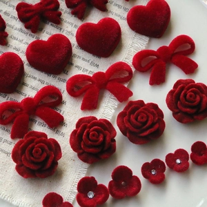 Deep red flocked heart bow and rose DIY acrylic charms for jewelry and crafts