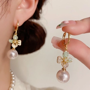 Elegant 14K Gold Plated Butterfly Drop Earrings With 925 Silver Post Zircon Crystal Artificial Pearl Earrings For Women Sweet Jewelry