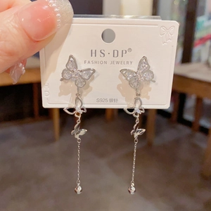 Sparkling butterfly tassel earrings with rhinestones and long fringe on S925 silver needle