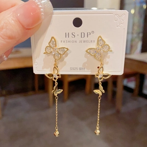 Elegant gold butterfly tassel earrings with sparkling rhinestones and S925 silver pins