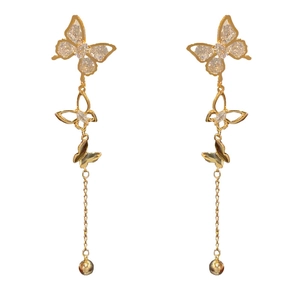 Elegant gold butterfly long tassel earrings with sparkling rhinestones on white background