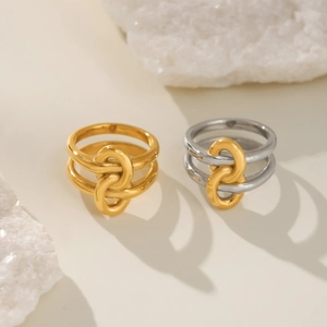 Minimalist double-layered 18k gold plated interlocking ring set in gold and silver finish