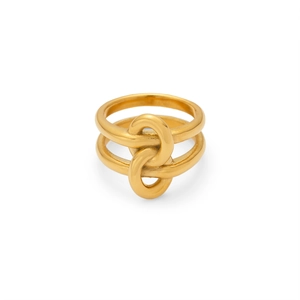 Minimalist 18k gold plated double layer ring with interlocking knot design on white background
