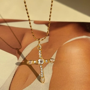 18k gold plated stainless steel cross necklace with stones on a golden bead chain
