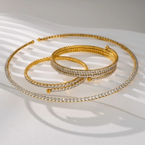 18k gold plated stainless steel choker and rhinestone bangle jewelry set for women