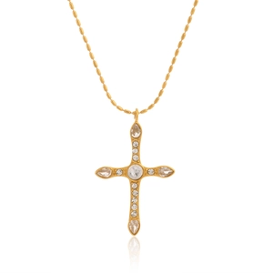 18K gold plated stainless steel long bead chain necklace with crystal cross pendant