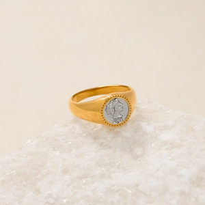 Detail of 18k gold plated sun ring featuring a vintage 1901 silver coin inlay