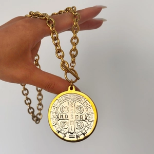 18k gold plated Saint Benedict Medal necklace with chunky chain and OT clasp design