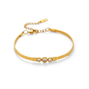 18K vergulde platte slangenketting armband met drie sprankelende witte zirkoonstenen
