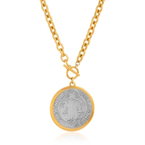 18k gold plated titanium steel necklace with St. Benedict medal and OT toggle clasp