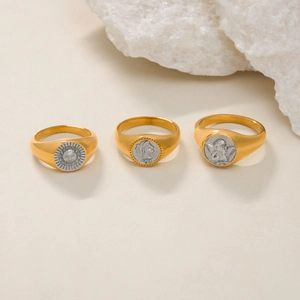 Three-piece retro 18k gold plated sun and 1901 coin rings with angel relief