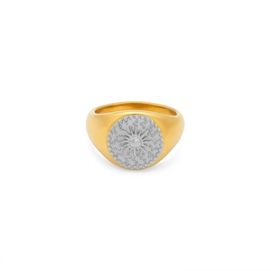 Minimalist 18k gold plated stainless steel sun ring with two-tone finish and starburst