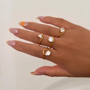 18K Gold Plated Stainless Steel Geometric Rhinestone Ring For Women Fashion Teardrop Triangle Round Finger Jewelry Gift