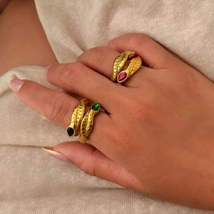 18k gold plated snake ring with realistic scale texture and colorful gemstones