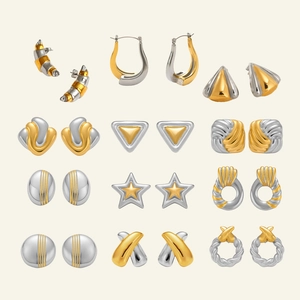 12 paires de boucles d'oreilles créoles en acier doré 18k et argent bicolore mixte