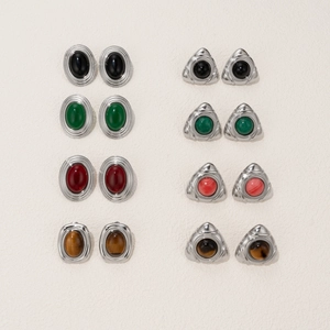 Vintage Edelstahl Geometrische Ohrstecker Damen Oval Dreieck Eingelegt Künstlicher Achat Tigerauge Stein Retro Schmuck