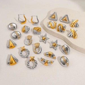 Boucles d'Oreilles Vintage en Acier Inoxydable Bicolore Or Argent 18K pour Femmes Étoile Géométrique Forme de Carambole