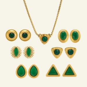 Conjunto de joyas de acero inoxidable 18K con pendientes y collar de esmeralda verde retro