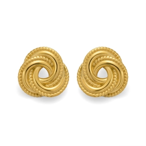 Boucles d'oreilles nœuds torsadés plaqués or 18 carats avec texture géométrique sur fond blanc