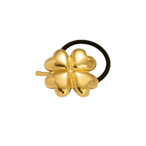 Polished 18k gold-plated clover charm on elastic black hair tie for women