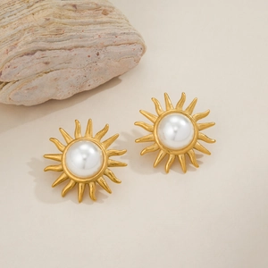 Vintage 18k gold plated stainless steel sunflower earrings with white pearl centers
