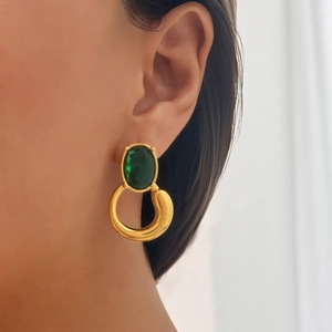 Vintage 18k gold plated stainless steel earrings with oval emerald green gemstone