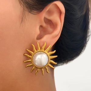 Vintage 18k gold plated sunburst stud earrings with a large white pearl center for women