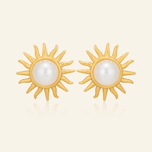 18k gold plated sunflower stud earrings with center pearl on minimalist background