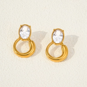 18K Gold Plated Stainless Steel Oval Zirconia Drop Earrings For Women Vintage Bohemian Geometric Hoop Earrings Jewelry