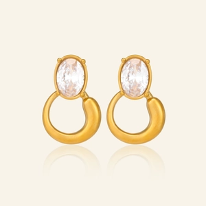 Elegant 18k gold plated titanium hoop earrings with oval zircon in a minimalist design