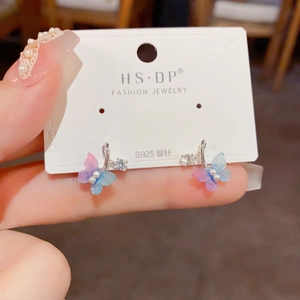 S925 silver needle butterfly earrings with pink-blue gradient wings and tiny pearls