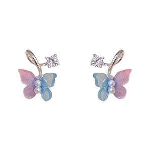 Elegant butterfly stud earrings with pearl zircon and blue-pink gradient resin wings