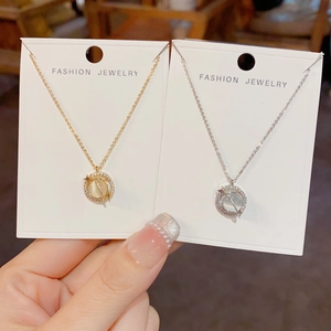 Fashion Copper Real Gold Plated Round Artificial Cat Eye Stone Pendant Necklace For Women Rhinestone Clavicle Chain Jewelry