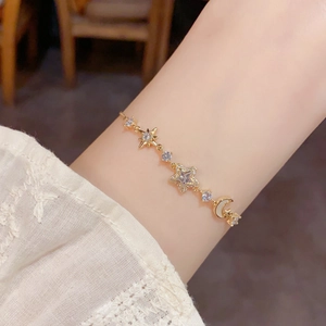 Star Moon Copper Zirconia Bracelet For Women 14K Gold Silver Plated Elegant Adjustable Sparkly Fashion Jewelry Hand Chain